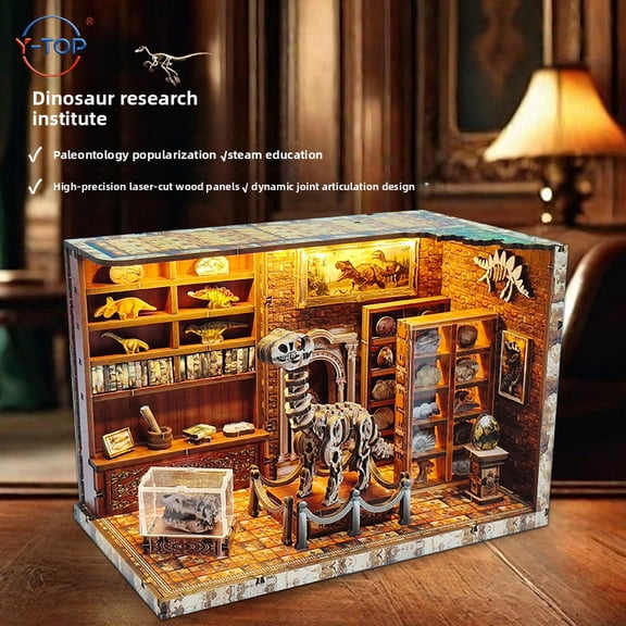 DIY Book Nook Kit 3D Wooden Puzzle, Dinosaur Archeology Lab Miniature Bookshelf Insert with LED Light, Poseable Fossil Skeleton Hobby Craft Kit for Adults