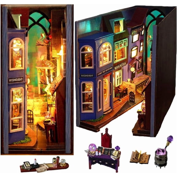 DIY Book Nook Kit, 3D Wooden Puzzle Miniature Booknook Bookend Bookshelf Decor with LED Light Furniture for Bookshelf Insert Decor Crafts Model Build Miniature House Kit Birthday