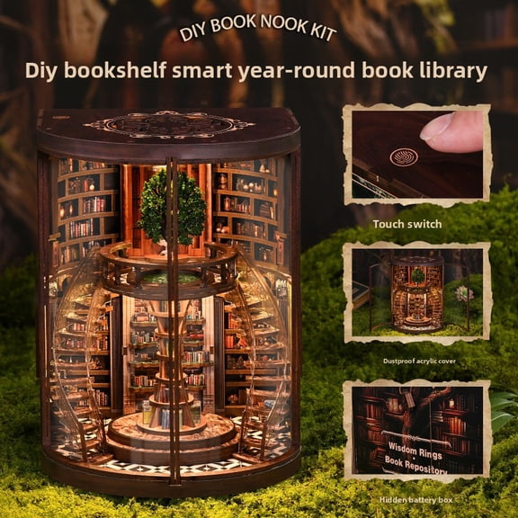 DIY Book Nook Kit, 3D Wooden Puzzle Miniature Library Bookshelf Insert, Wisdom Annual Ring Diorama Bookend with LED Warm Lights, Craft Kit for Adults