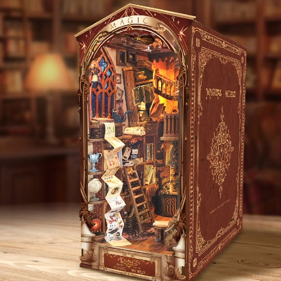 DIY Book Nook Kit 3D Wooden Puzzle - Mystical Wizard Academy Miniature Bookshelf Insert with LED Lights, Fantasy Library Craft Model for Adults and Teens 14+