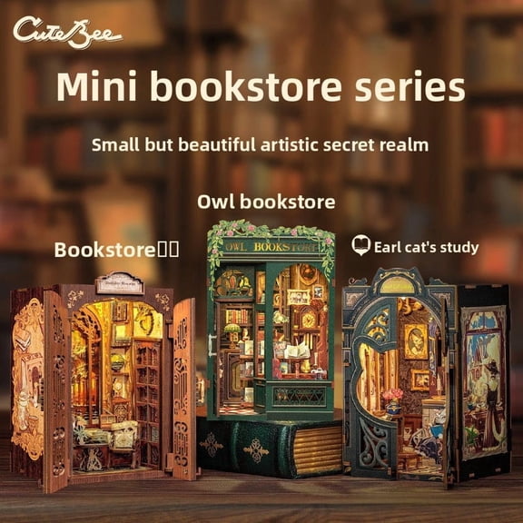 DIY Book Nook Kit 3D Wooden Puzzle, Owl Bookstore Miniature Bookshelf Insert with LED Light, Vintage Mystical Library Craft Model for Adults and Teens 14+