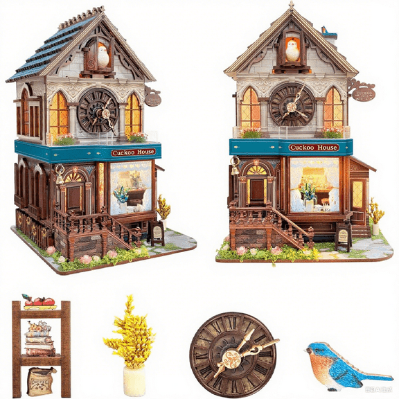 DIY Book Nook Kit,3D Wooden Puzzles - Miniature Cuckoo Clock House Kit, DIY Wooden Building Set for Adults and Teens, Mini Model Kit with 3-Mode Touch Switch - Cuckoo House