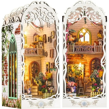 DIY Book Nook Kit - Bookend Diorama with LED - 3D Wooden Puzzle DIY Miniature House Kits - Bookshelf Insert Decor - Booknook Dollhouse Crafts Hobbies Gifts for Adults (Garden House)