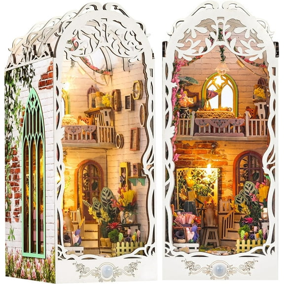 DIY Book Nook Kit - Bookend Diorama with LED - 3D Wooden Puzzle DIY Miniature House Kits - Bookshelf Insert Decor - Booknook Dollhouse Crafts Hobbies Gifts for Adults (Garden House)