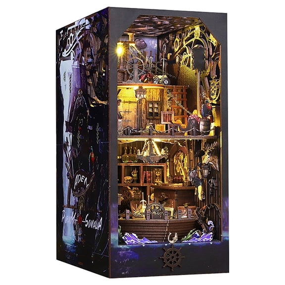 DIY Book Nook Kit For Bookshelf Insert Decor Miniature 3D Wooden Puzzle With Sensor LED Light And Bookends For Adults And Teens Craft Library Decor (Light Violet)