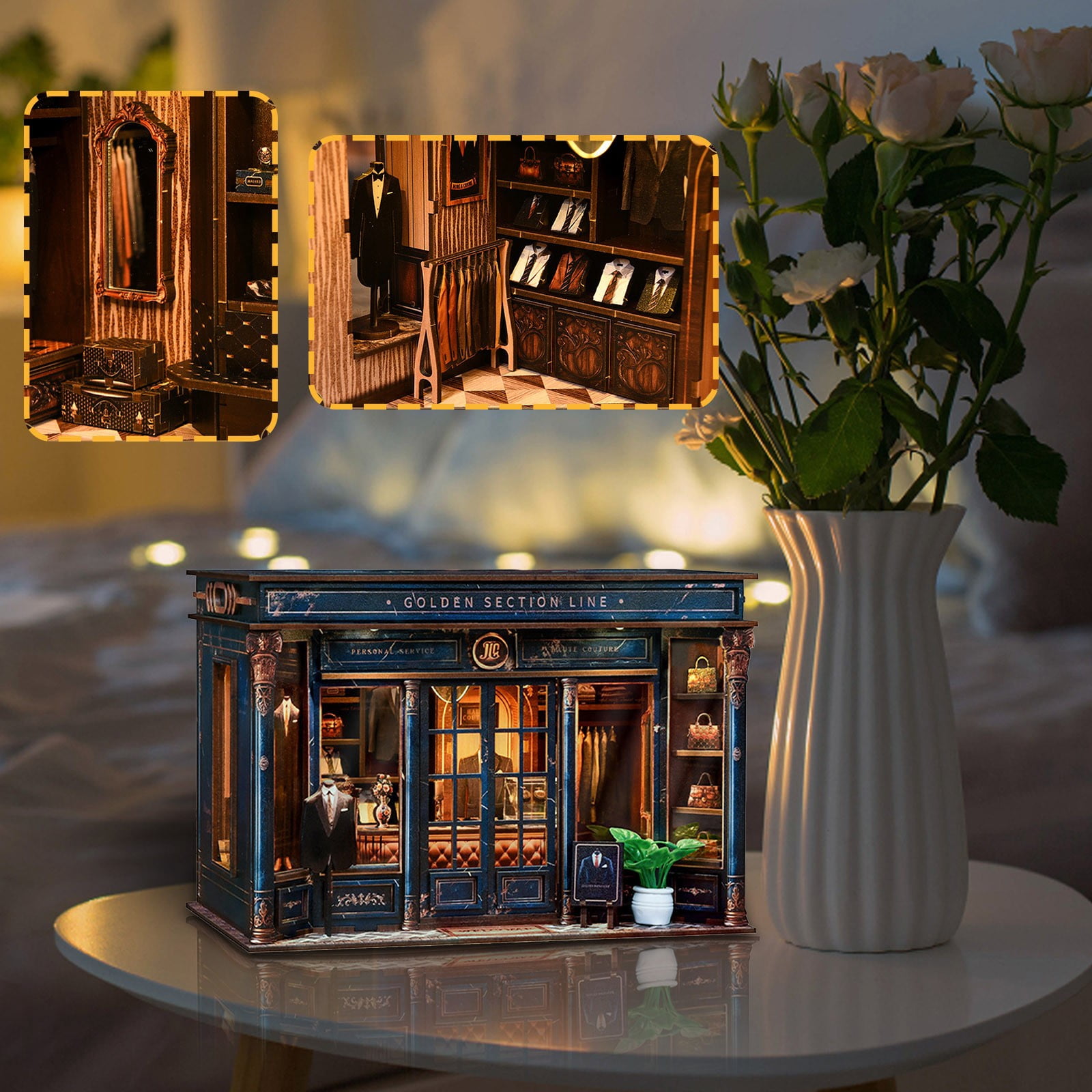 DIY Book Nook Kit - DIY Miniature Dollhouse Kit 3D Wooden Puzzles Gentleman's Clothing Store, Tiny House Bookshelf Decor with LED, Gift for Adults - Golden Section Line