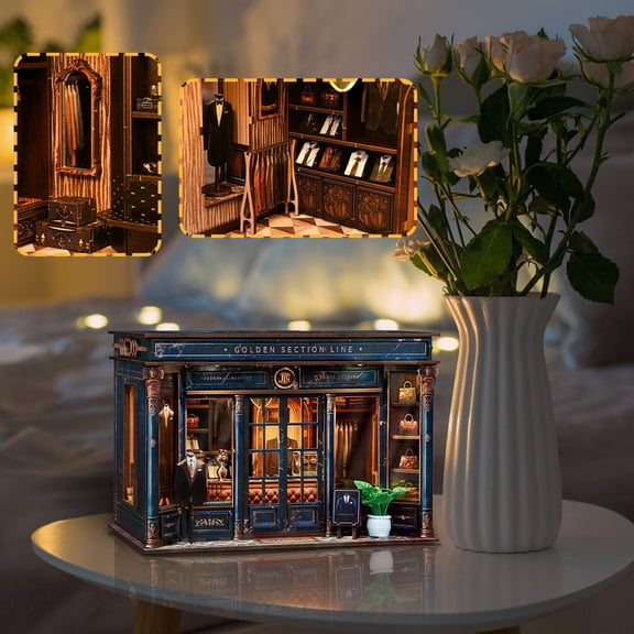 DIY Book Nook Kit - DIY Miniature Dollhouse Kit 3D Wooden Puzzles Gentleman's Clothing Store, Tiny House Bookshelf Decor with LED, Gift for Adults - Golden Section Line