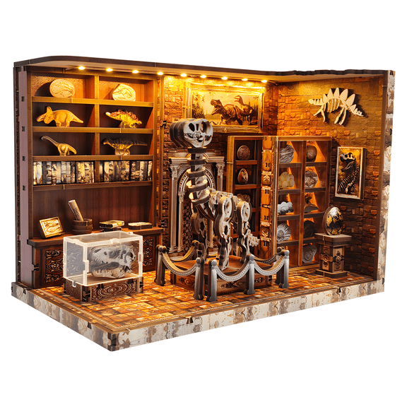 DIY Book Nook Kit – Dinosaur Museum 3D Wooden Miniature with LED Light, Bookshelf Decor Craft Kit for Adults & Teens