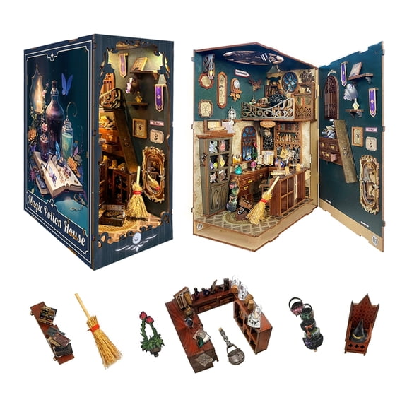 Strucwood DIY Book Nook Kit with Dust Cover Magic Apothecary Bookshelf Decor 3D Puzzle Book Nooks for Adults Gifts (SQ-04)