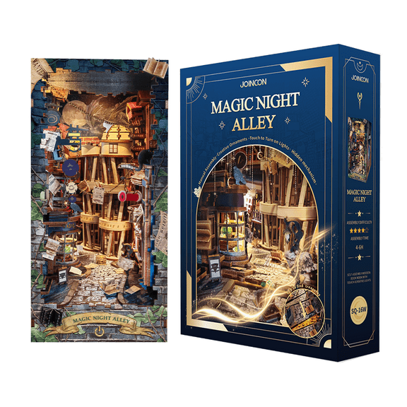 Strucwood DIY Book Nook Kit Magic Night Alley Wooden Puzzles with LED Dust Cover,3D Crafts Hobbies,Gifts for Adults(SQ-16)