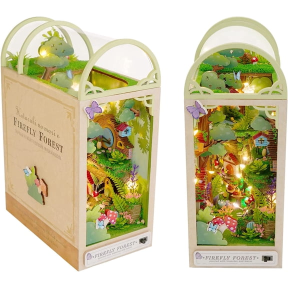 DIY Book Nook Kit, Dollhouse Wood Bookend, Booknook Bookshelf Insert, DIY Miniature Dollhouse Kit, Bookends Model Build for Adult, Gift for Birthday Christmas Day, Firefly Forest