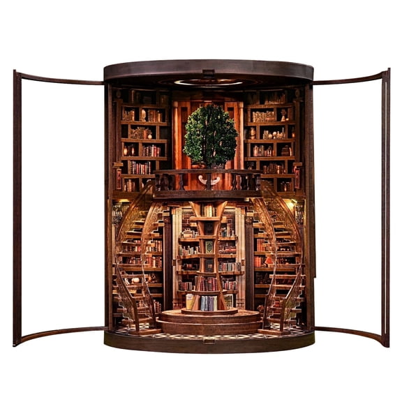 DIY Book Nook Kit with Dust Cover, 3D Wooden Puzzle Library Bookshelf Insert Bookend, Warm LED Light Touch Switch, Dual Acrylic Spiral Staircases, Wisdom Rings Book Repository, Gift for Book Lovers