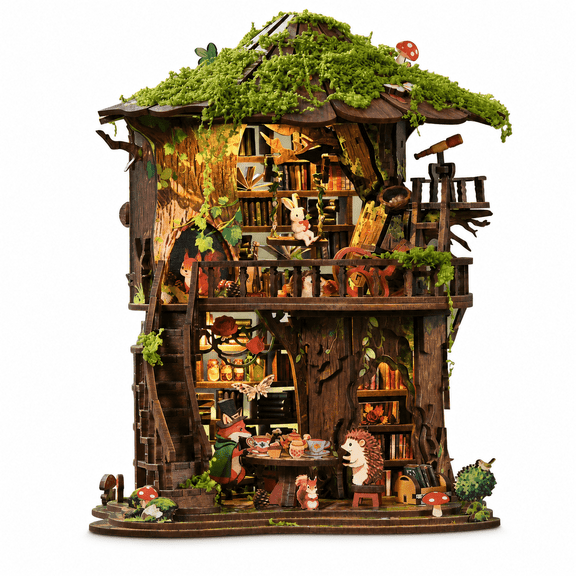 DIY Book Nook Kit with LED Light,Forest Tea Book Club Miniature House Bookshelf Insert Decor, 3D Wooden Puzzle Dollhouse Craft Kit for Adults Teens, Book Lover Gift