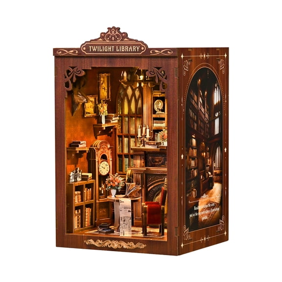 DIY Book Nook Kit with LED Light, Twilight Library Miniature House Kit, 3D Wooden Puzzle Bookshelf Insert Decor, Vintage Reading Room Craft Kit for Adults Teens, Gift for Book Lovers