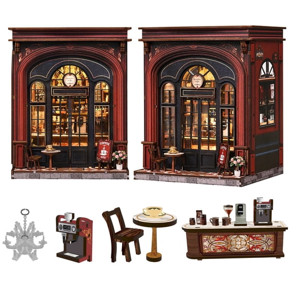 DIY Book Nook Kit with LED Light, Warmglow Coffee 3D Wooden Puzzle Miniature Coffee Shop Model, Bookshelf Insert Decor, DIY Craft Gift for Adults Teens 14+