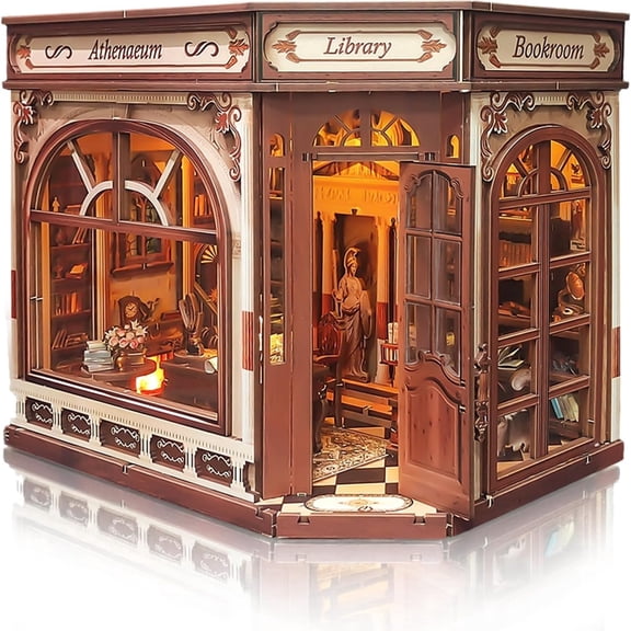 DIY Book Nook Kit Miniature 3D Wooden Puzzle with LED Lights, Openable Door, Bookshelf Decor for Adults Teens (Athena's Library)