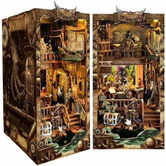 DIY Book Nook Kit - New World Pirate Ship - High Seas Adventure - 3D Puzzle, Handcrafted Bookend for Adult$$Home Decor, Kitchen, & Other