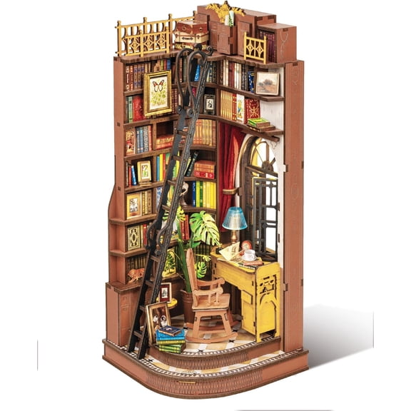 DIY Book Nook Kit Silent Corner Study, 3D Puzzles Creative British Bookend Bookshelf Decor for Adults, Tiny House Miniature Kits Model Building Kits, DIY Crafts/Gifts for Teens & Book Lovers