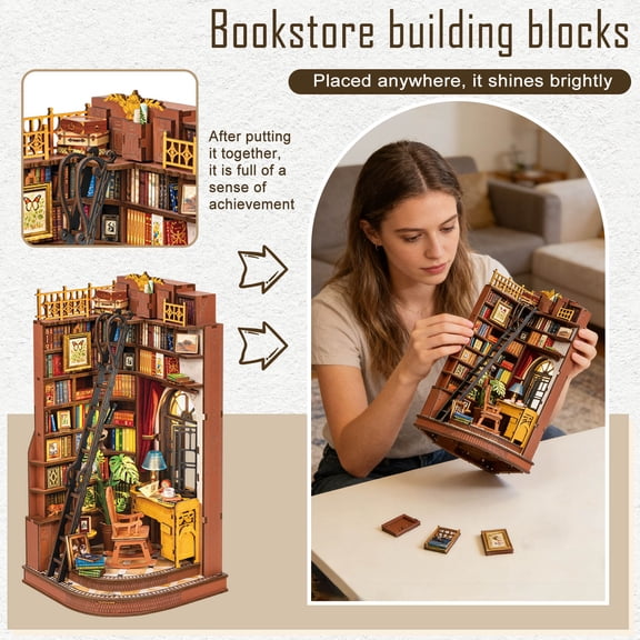 DIY Book Nook Kit Silent Corner Study, 3D Puzzles Creative British Bookend Bookshelf Decor for Adults, Tiny House Miniature Kits Model Building Kits, DIY Crafts/Gifts for Teens & Book Lovers