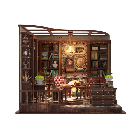 DIY Book Nook Kit With Warm LED Light, Miniature Library Study Room Wooden Puzzle Craft