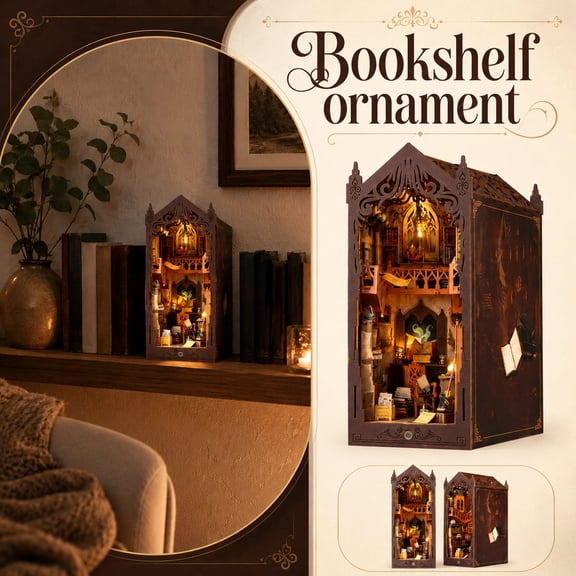 DIY Book Nook Kit – Wooden Magic Library Miniature Bookshelf Insert with Sensor LED Light & Dust-Proof Design for Bookshelves, Desk Decor, Home Office or Reading Nook