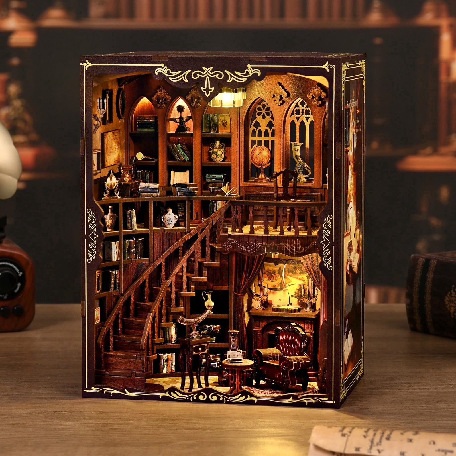 DIY Book Nook Kit – Wooden Miniature Library Scene with LED Light, Bookshelf Insert Decor, Relaxing Craft Kit for Adults & Teens, Ancient Rhyme Library