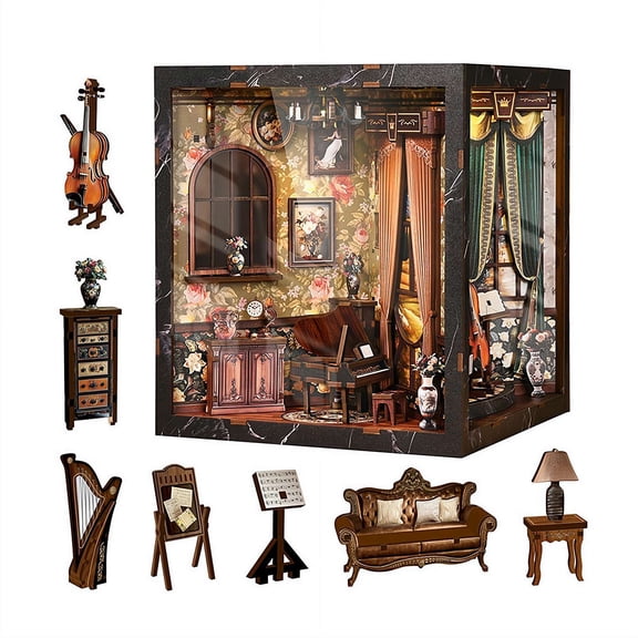 DIY Book Nook Kit for Adults, 3D Wooden Puzzle Miniature Library, Fairy Tale Bookshelf Decor with Dust Cover and LED Lights Gifts