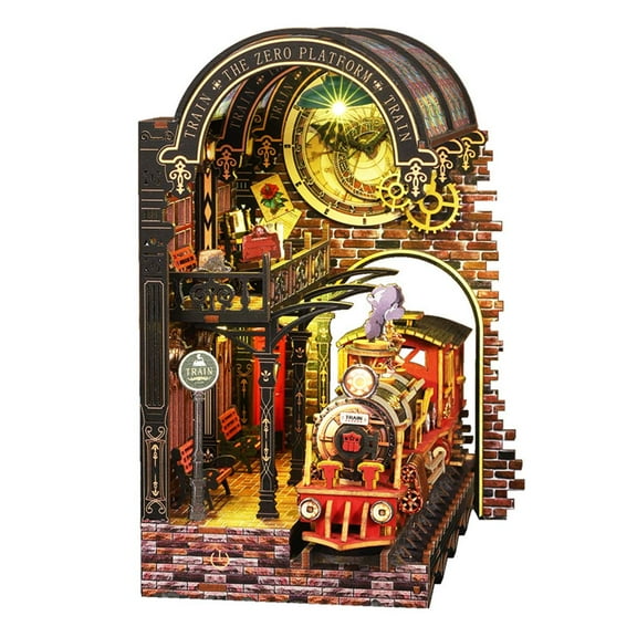 DIY Book Nook Kit for Adults, Zero Platform Train Bookend 3D Wooden Puzzle, Miniature House Model, Creative Gift for Readers & Hobbyists