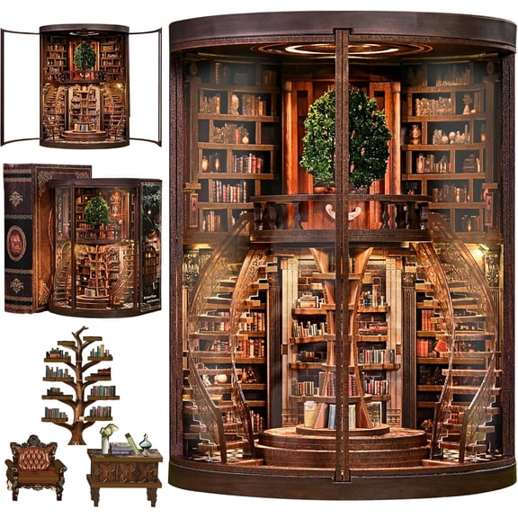 DIY Book Nook Kit with LED Light, Miniature Dollhouse 3D Wooden Puzzle, Bookshelf Insert Decor Craft Gift(Wisdom Rings Bookstore)