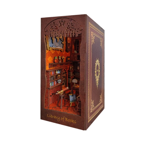DIY Book Nook Kits for Adults, 3D Wooden Puzzle Library of Books Bookend Kit with LED Light, DIY Miniature Reading Room, Creative Shelf Decor