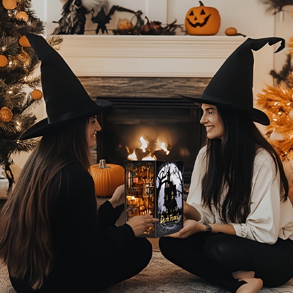 DIY Book Nook Miniature Kit - 3D Wooden Bookshelf Insert with LED | Skeleton, Coffin & Spider Web Theme | Halloween Decor for Dollhouse & Creative Projects