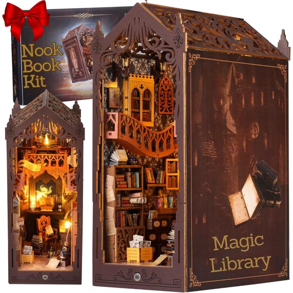 DIY Book Nook Miniature Kit, Booknook Dollhouse Bookshelf Insert with LED Light, Wooden Decorative Bookend Stand Model Kits for Teens Adults