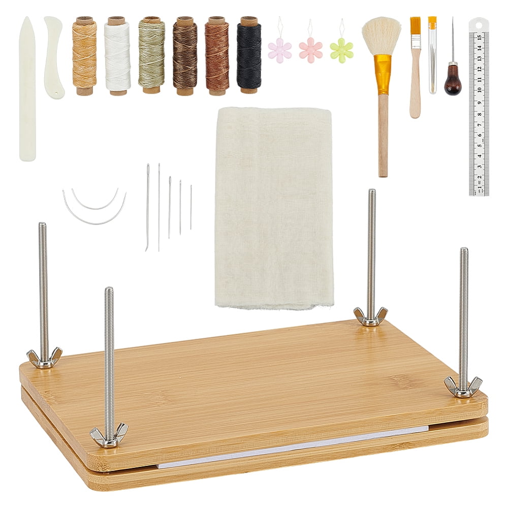 DIY Bookbinding Tool Kits including Bamboo Portable Book Press Bookbinding Tool Leather Craft Kits Stainless Steel Ruler Wooden Brush Pens