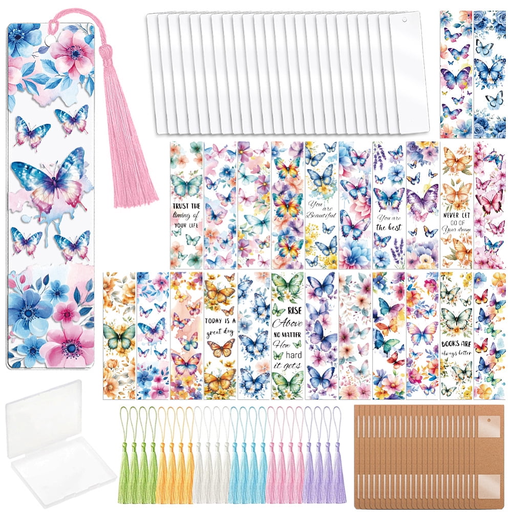 DIY Bookmark Making Kits including Kraft Paper Bookmark Display Cards Polyester Tassel Decorations Acrylic Bookmark Pendants and Stickers Butterfly