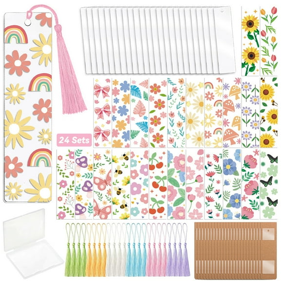 DIY Bookmark Making Kits including Polyester Tassel Decorations Plastic Heat Transfer Film Stickers Paper Display Cards and Acrylic Pendant Mixed Color 130x6mm
