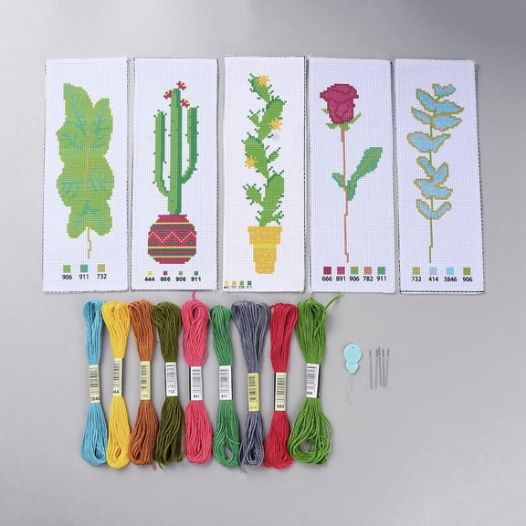 DIY Bookmark Stitch Kit with Embroidery Threads and Cotton Fabric and Needle and Needle-Threading Device Cactus 1mm Threads: 9 colors