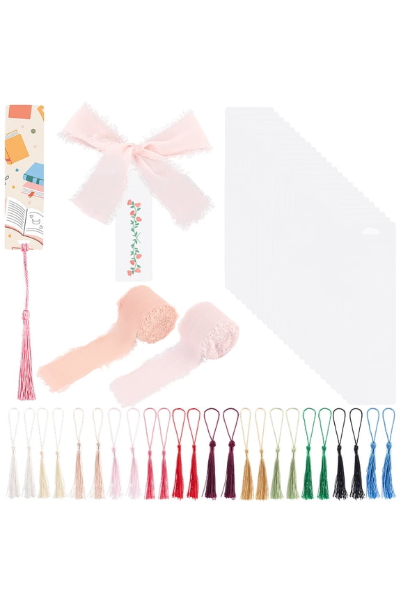 DIY Bookmarks Kits 24Pcs Transparent Blank Acrylic Bookmarks 24Pcs Polyester Tassel Big Pendant Decorations Polyester Frayed Fringe Ribbon Mixed Color