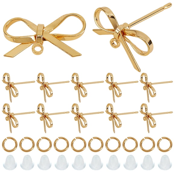 DIY Bowknot Brass Stud Earring & Jump Rings & Ear Nuts Jewelry Making Finding Kits Real 18K Gold Plated 8x15mm Hole: 1.2mm Pin: 0.7mm 24pcs