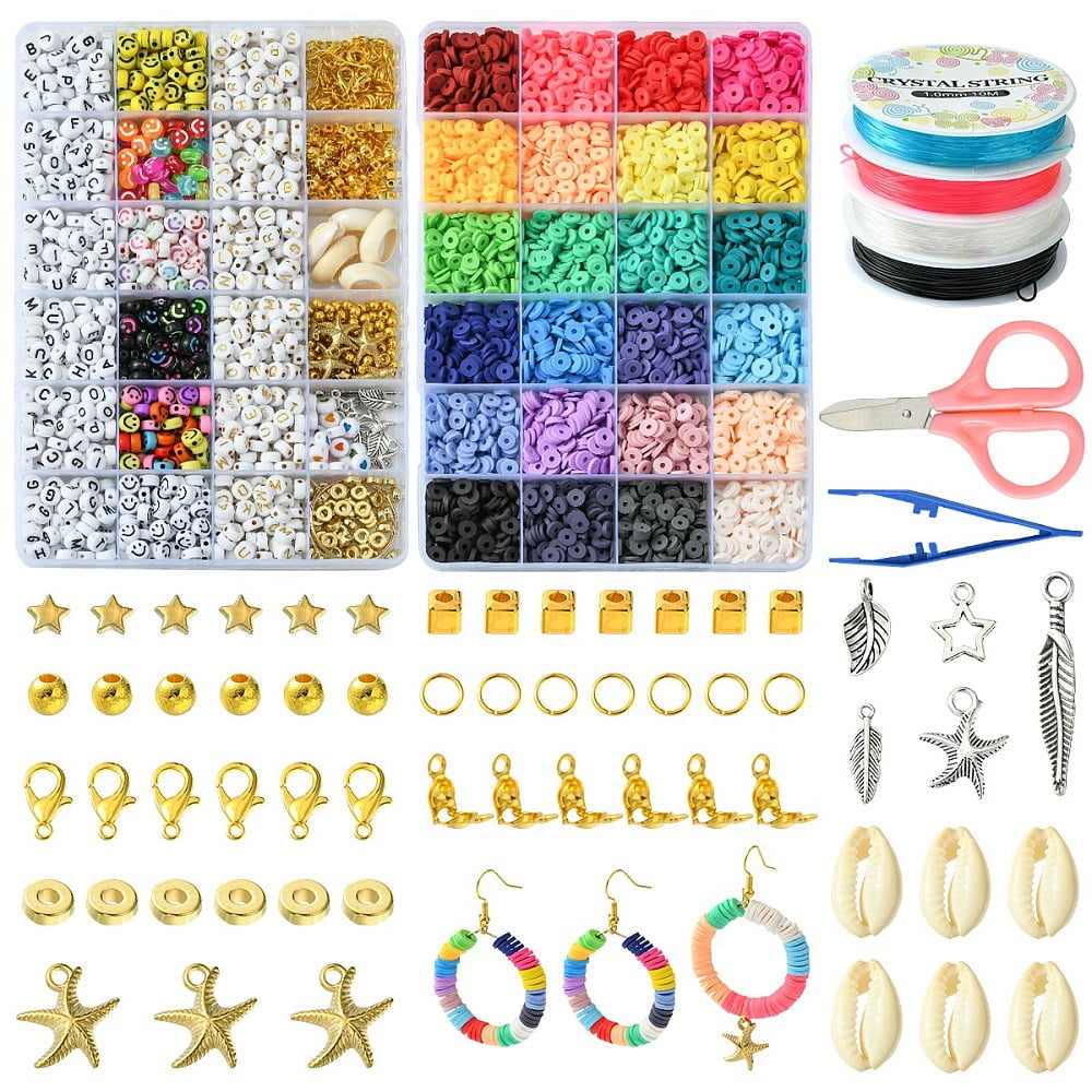 DIY Bracelet Making Kit Including Face Letter Acrylic Polymer Clay Disc Plastic Natural Shell Beads Brass Hoop Earring Findings Leaf Starfish Alloy