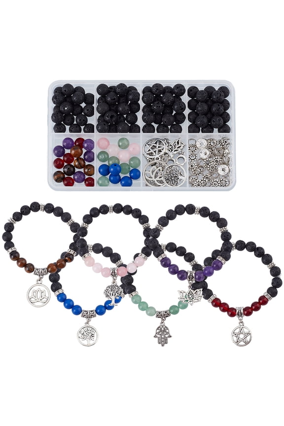 DIY Bracelet Making Kit Including Natural & Mixed Gemstone Round Beads Tree of Life & Star & Lotus & Hamsa Hand Flat Round Alloy Pendants