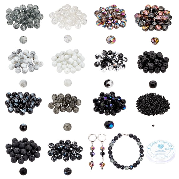 DIY Bracelet Making Kit Including Round Heart Seed Glass K9 Glass Beads Elastic Thread Black