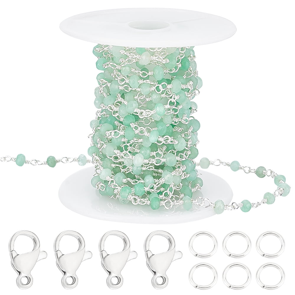 DIY Bracelet Necklace Making Kit Including Faceted Natural Jade Rondelle Beaded Link Chains 304 Stainless Steel Clasps Brass Jump Rings Silver Chain: 12x4mm 4m/set