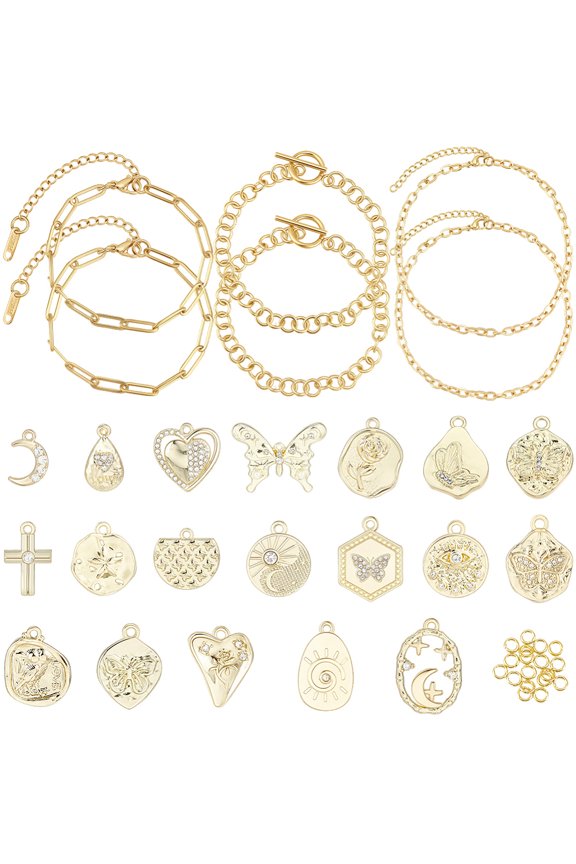DIY Bracelets Kits include 6Pcs 3 Styles 304 Stainless Steel Bracelets 20Pcs Iron Jump Rings 19Pcs 19 Styles Rack Plating Alloy Pendants diy