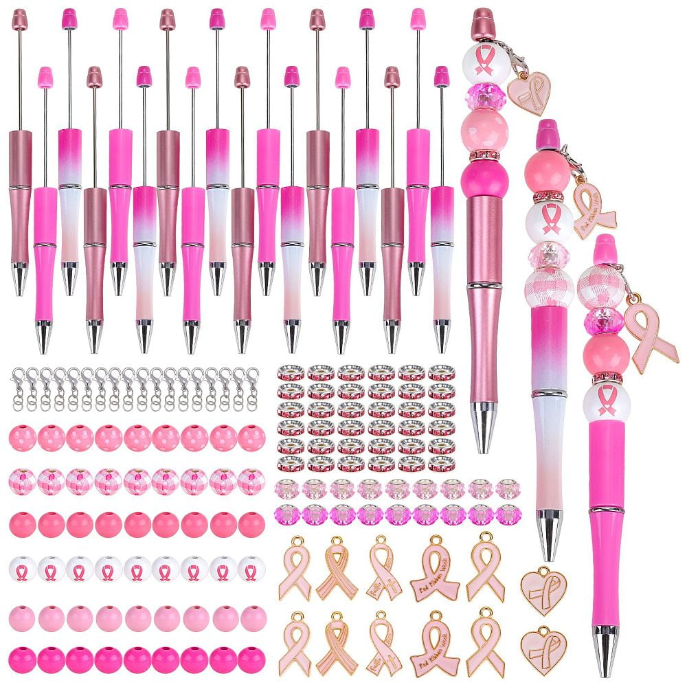 DIY Breast Cancer Awareness Theme Beadable Pen Making Kit Including Alloy Enamel Ribbon Pendant Wood & Glass European Beads ABS Plastic Ball-Point Pen Pink 162pcs/box
