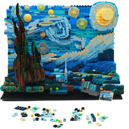 DIY Building Block Set(1830 PCS),The Starry Night Building Set for Children and Adults,Vincent Van Gogh Idea Building Kit,Educational Assemble 3D Scenario MOC Stacking Blocks