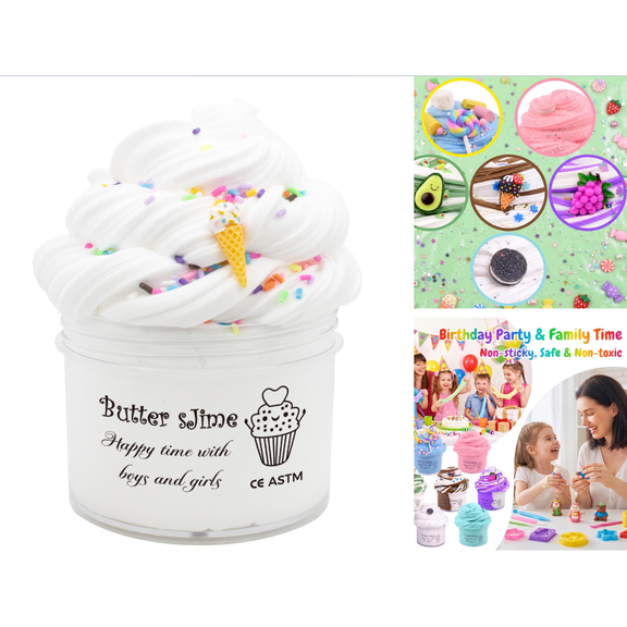 DIY Butter Slime Surprise Sensory Toy, Salish Matter Slime Style Soft Non-Sticky Slime Set, Random Accessories Creative Squeeze Toy, Event Favor And Relaxation Item, White Color, 1 Pc