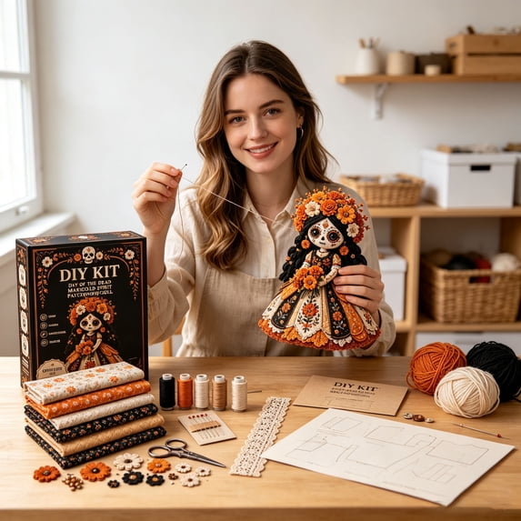 DIY Butterfly Soul Patchwork Doll Sewing Kit, Sugar Skull Fairy Fabric Doll Making Supplies, Complete Embroidery Craft Set for Adults Beginners, Day of The Dead Handmade Decor Gift 20cm