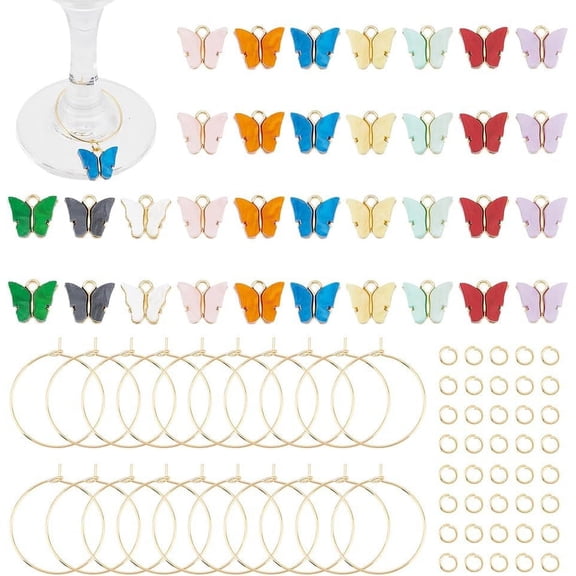 DIY Butterfly Wine Glass Charms Making Kit Including Alloy Charms 316 Surgical Stainless Steel Wine Glass Charms Rings 304 Stainless Steel Jump Rings Mixed Color 120Pcs/box