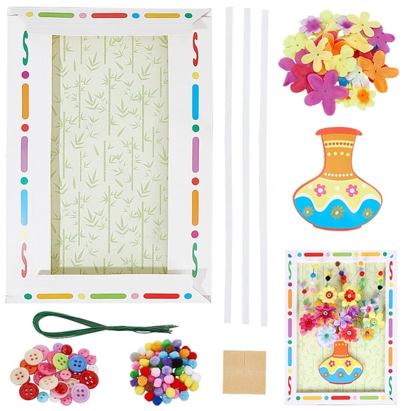 DIY Button Flowers Bouquet Photo Frame Kits with Paper Frame Button Educational Craft Painting Sticky Toys for Mixed Color 347x240mm flower: 33~65x0.1