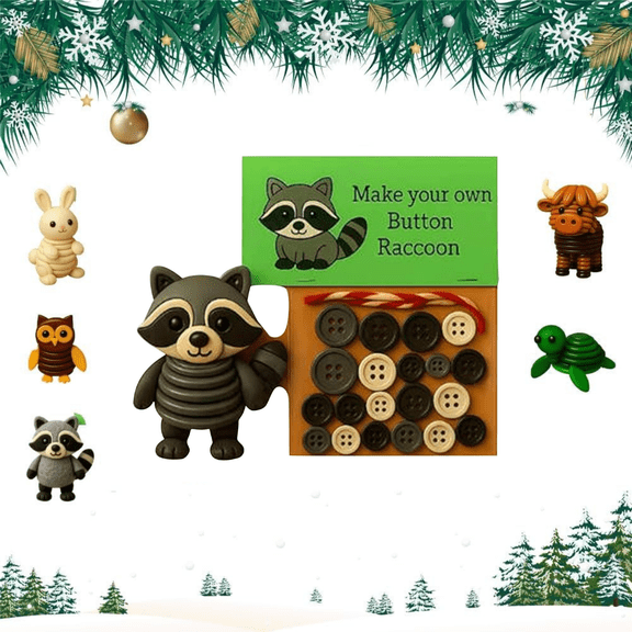 DIY Button Highland Cow Craft Kit, Animal Theme Fun Christmas Button Christmas Tree Ornament Kit with Turtle, Owl, Rabbit, Christmass Tree Hanging Decorations, DIY Ornaments Kits(Raccoon)